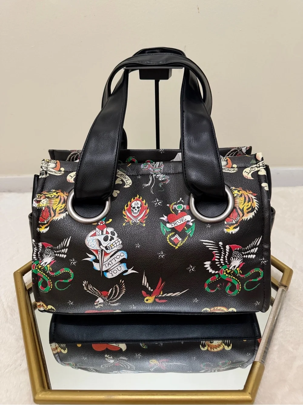 Ed Hardy Black Satchel with Red Heart Tattoo Motif